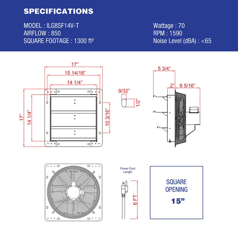 iLIVING 14" Wall Mounted Shutter Exhaust Thermostat Control-3 Speeds Vent Fan For Home Attic, Shed, or Garage Ventilation, 850 CFM, 1300 SQF Coverage Area, Variable, Silver - Image 3