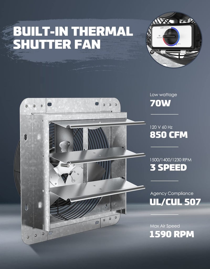 iLIVING 14" Wall Mounted Shutter Exhaust Thermostat Control-3 Speeds Vent Fan For Home Attic, Shed, or Garage Ventilation, 850 CFM, 1300 SQF Coverage Area, Variable, Silver - Image 4