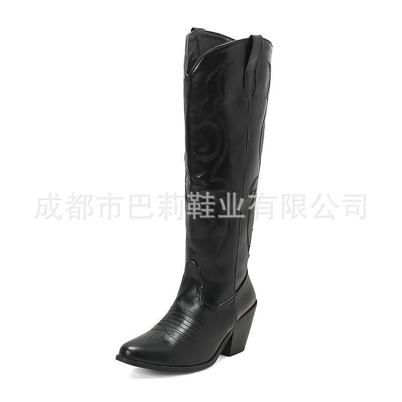 Women'S Western Cowboy Boots Embroidered High Pointed Toe Cowgirl Boots, Retro Chunky Heel Side Zipper Country Knight Boots - Image 5