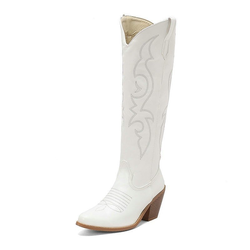 Women'S Western Cowboy Boots Embroidered High Pointed Toe Cowgirl Boots, Retro Chunky Heel Side Zipper Country Knight Boots - Image 2