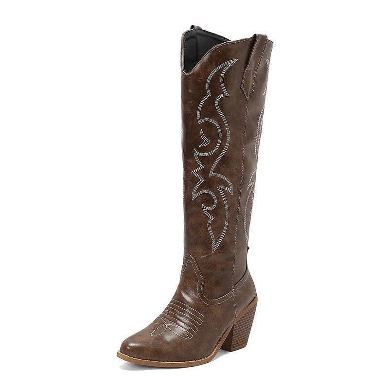 Women'S Western Cowboy Boots Embroidered High Pointed Toe Cowgirl Boots, Retro Chunky Heel Side Zipper Country Knight Boots - Image 4