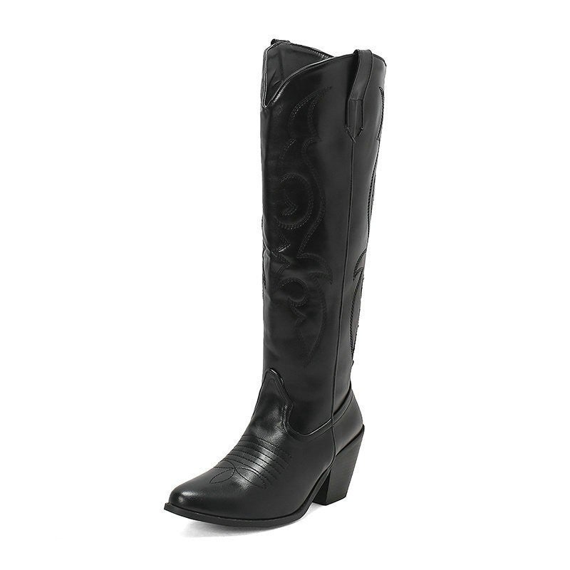 Women'S Western Cowboy Boots Embroidered High Pointed Toe Cowgirl Boots, Retro Chunky Heel Side Zipper Country Knight Boots - Image 3
