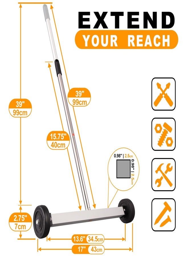 Toolwiz 17" Rolling Magnetic Sweeper 8.8lbs, with 16 lbs Telescopic Magnetic Pick Up tools -Lightweight Pick-up Sweeper with Wheels for Nails, Screws & Metal Debris Home Use Workshop Garage - Image 3