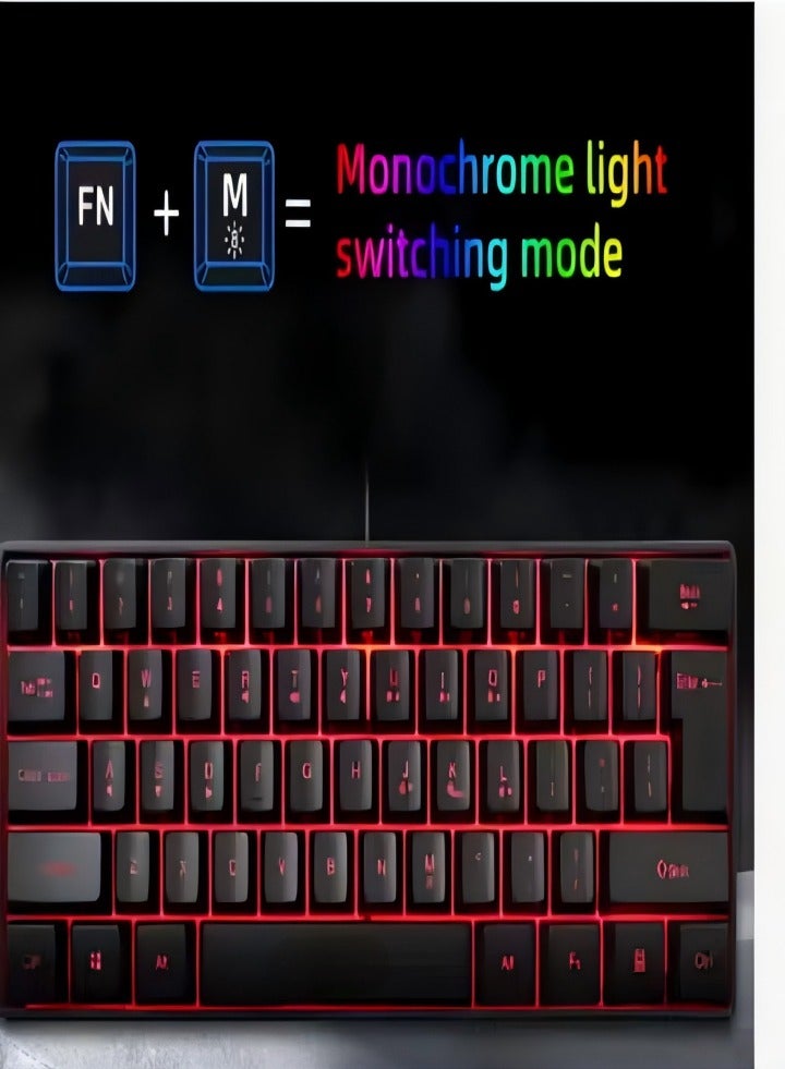 Mechanical gaming keyboard, 61 key compact wired keyboard with RGB backlit dual lens injection keycaps, 29.2x10.2x4CM, black