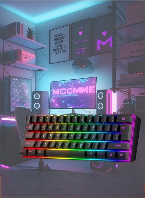 Mechanical gaming keyboard, 61 key compact wired keyboard with RGB backlit dual lens injection keycaps, 29.2x10.2x4CM, black