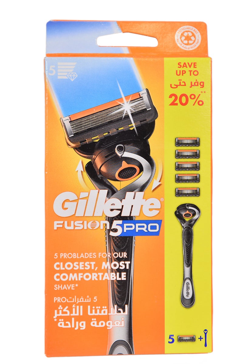 Gillette Fusion5 Pro Men's Razor With Flexball Handle Technology + 5 Blade Refills