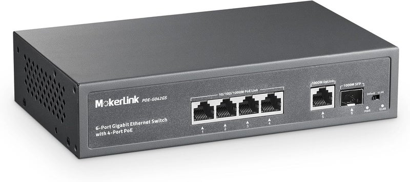 MokerLink محول 4 منافذ PoE، رابط تصاعدي جيجابت واحد، منفذ SFP واحد، IEEE802.3af/at بقدرة 75 واط، كشف الذكاء الاصطناعي PoE Watchdog، جودة الخدمة QoS، محول إيثرنت معدني بدون مروحة يعمل فور التوصيل - Image 1