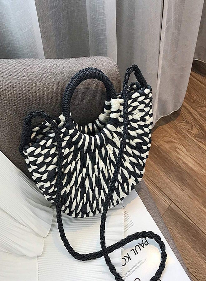 QTKJ Women Summer Retro Straw Tote Bag Hand-woven Boho Shoulder Bag Crossbody Bag Round Handle Beach Handbags (Black) - Image 3