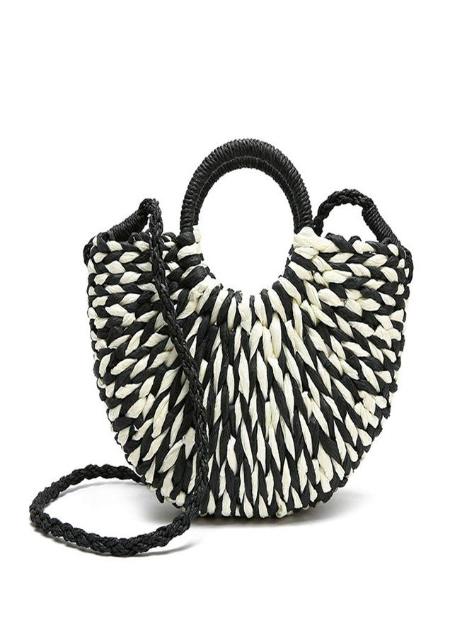 QTKJ Women Summer Retro Straw Tote Bag Hand-woven Boho Shoulder Bag Crossbody Bag Round Handle Beach Handbags (Black) - Image 1