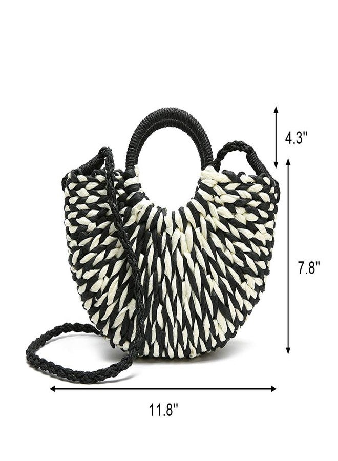 QTKJ Women Summer Retro Straw Tote Bag Hand-woven Boho Shoulder Bag Crossbody Bag Round Handle Beach Handbags (Black) - Image 2