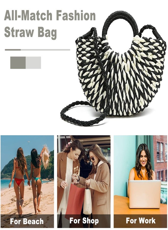 QTKJ Women Summer Retro Straw Tote Bag Hand-woven Boho Shoulder Bag Crossbody Bag Round Handle Beach Handbags (Black) - Image 4