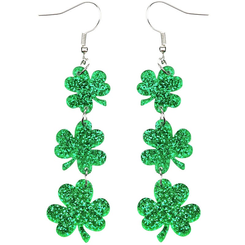 Cifudec St Patricks Day Green Shamrock Clover Earrings for Women, Good Luck Hoop Dangle Glitter Earrings Irish St. Patrick's Day Accessories (Style 2) - Image 1