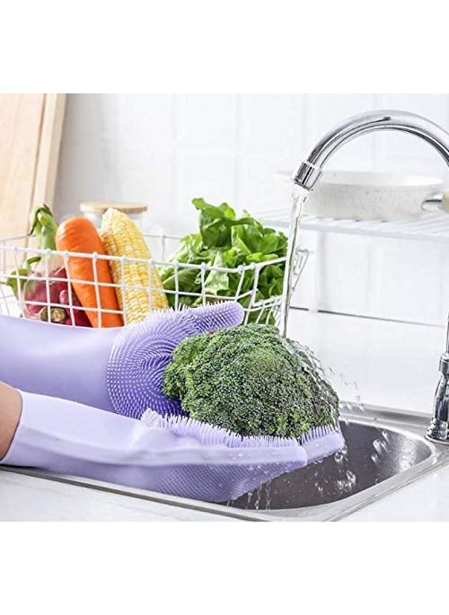 TOPHAVEN TOPHAVEN Silicone Scrubbing Gloves, Dish washing, Kitchen cleaning, Bathroom Cleaning, Car Cleaning, Pet Grooming, washing utensils for women,Men Multipurpose reusable Scrub Gloves (Multicolor,Pack of 2)  - Image 4