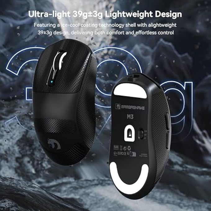 MAMBASNAKE M3 39G SUPERLIGHT WIRELESS GAMING MOUSE WITH SPIRAL CABLE, PIXART SENSOR PAW3395PRO, UP TO 40000DPI, WIRELESS/WIRED BT/2.4G, 200 HOUR BATTERY, FOR PC/XBOX/PS/MAC (BLACK) - Image 3