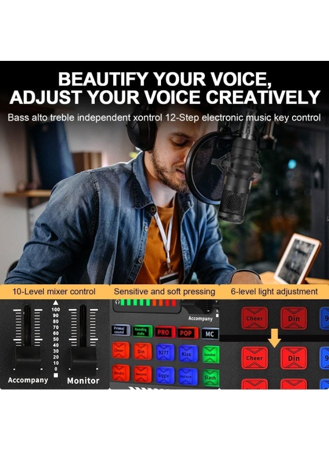 F009 Gaming Audio Mixer SoundBoard Audio Mixer for Streaming Streaming RGB PC Mixer with Voice Changer Volume Fader for PodcastRecordingGame Voice Youtube TikTok Vocal Black