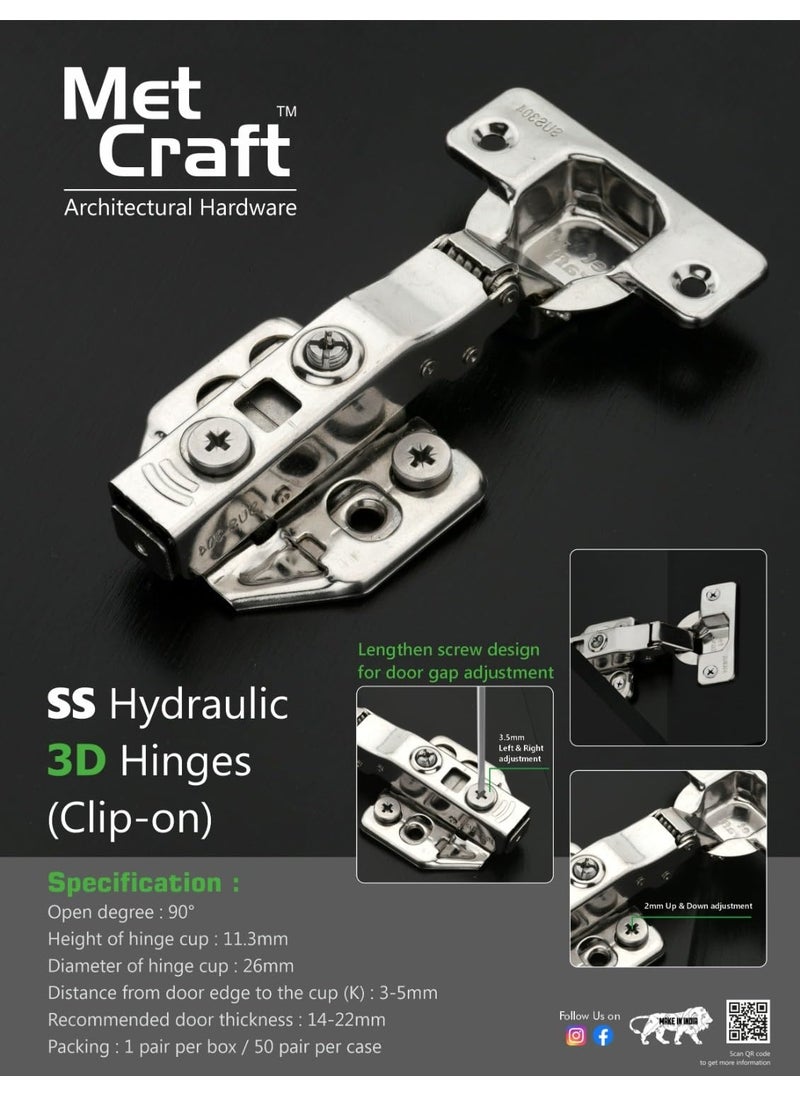 Met Craft Met Craft 0 Degree Stainless Steel 304 3D Heavy Soft Close Hydraulic Concealed Hinges for Full Overlay Door Pack of 1 Pair 0 Degree Crank Silver  - Image 5