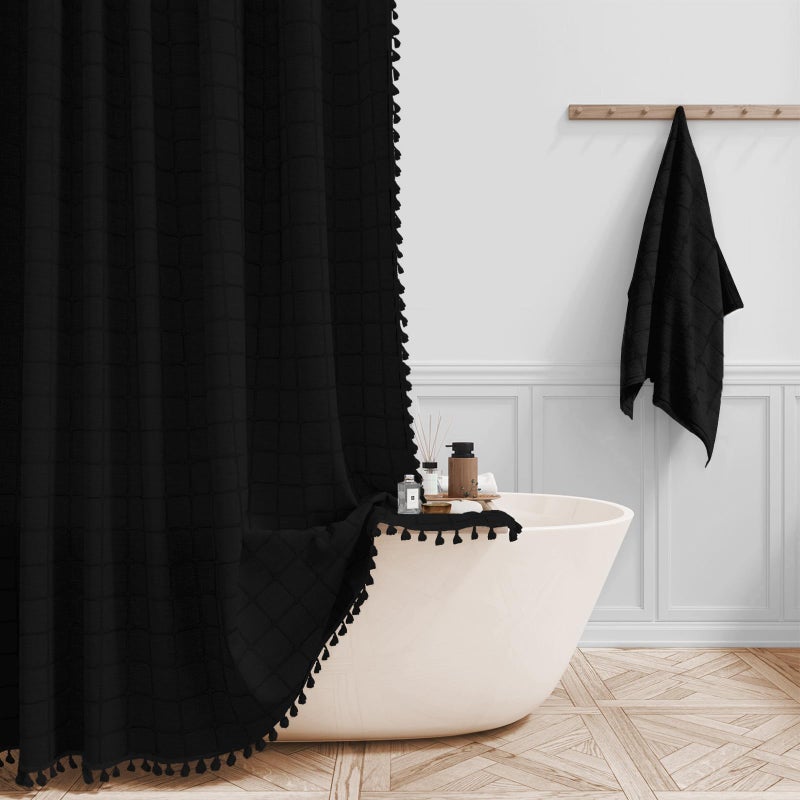 BTTN Black Boho Farmhouse Shower Curtain Linen Rustic Heavy Duty Fabric Shower Curtain Set with Tassel Water Repellent Bohemian Vintage Country Thick Cloth Shower Curtains for Bathroom 72x72 - Image 2
