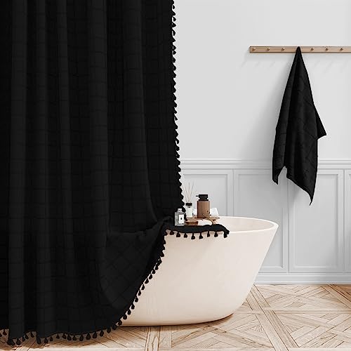 BTTN Black Boho Farmhouse Shower Curtain Linen Rustic Heavy Duty Fabric Shower Curtain Set with Tassel Water Repellent Bohemian Vintage Country Thick Cloth Shower Curtains for Bathroom 72x72 - Image 1
