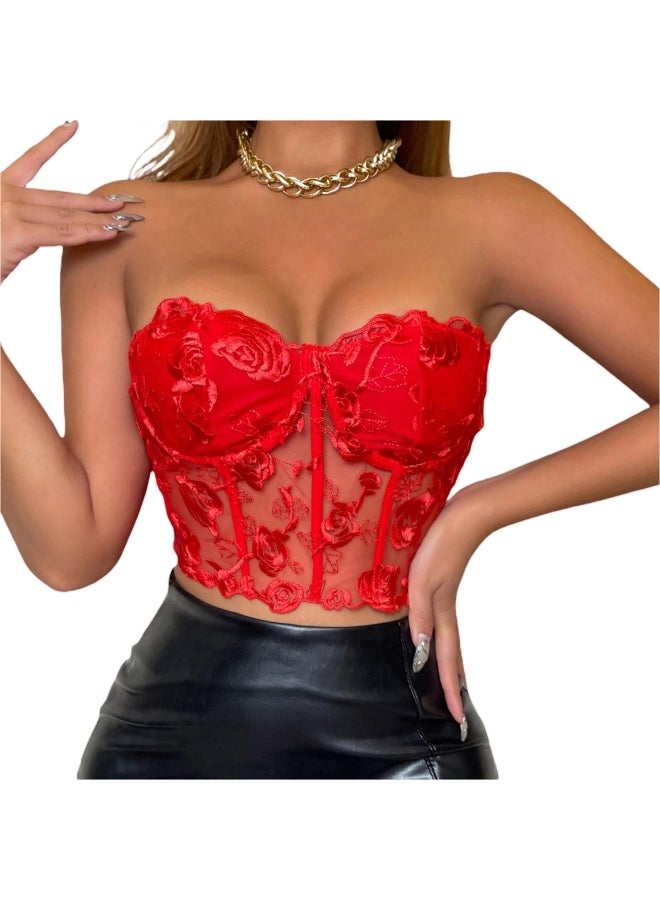 Women Bustier Tube Tops Embroidery Flower See Through Off Shoulder Tank Tops Daily Club Party Casual Slim Fit Summer Crop 