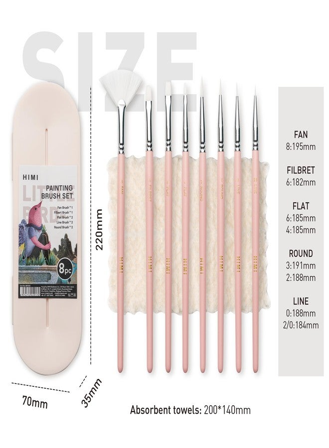 HIMI Paint Brushes Set 8 Pcs for Acrylic Oil Gouache Paint，2 Flat & 2 Round & 2 Liner &1 Filbret &1 Fan, 8pcs Brushs, Interesting Designed Nice Gift for Art hobbyist Beginners Artists (Pink,8Pcs) - Image 4