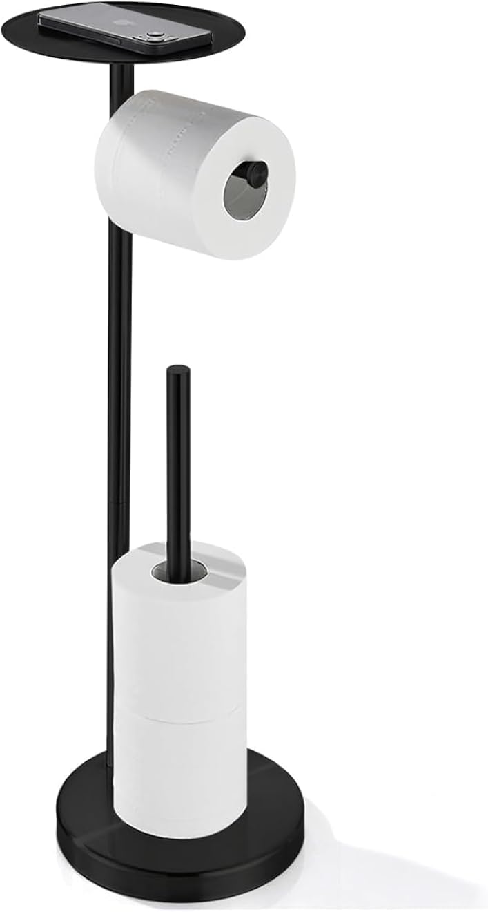 Toilet Paper Holder Stand for Bathroom Floor Standing Toilet Roll Dispenser Storages 4 Reserve Rolls, with Top Storage Shelf for Cell Phones, Wipe, Wallet and More (Black)