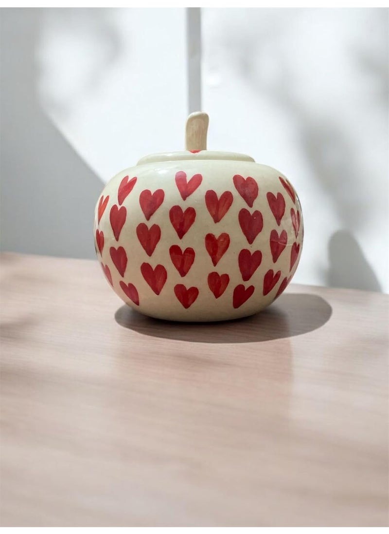 Old Edge Ceramics - Old Edge Ceramics Sugar Bowl with Red Hearts Pattern White Decorative Kitchen Container with Lid - Image 1