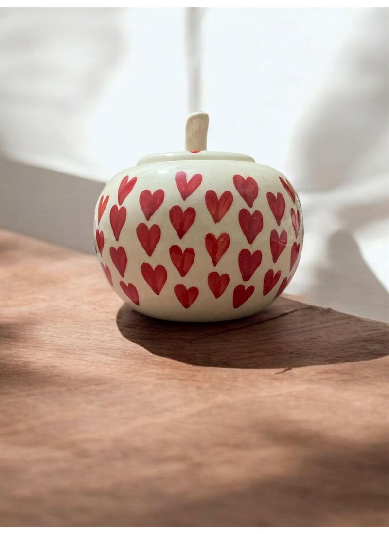 Old Edge Ceramics - Old Edge Ceramics Sugar Bowl with Red Hearts Pattern White Decorative Kitchen Container with Lid - Image 1