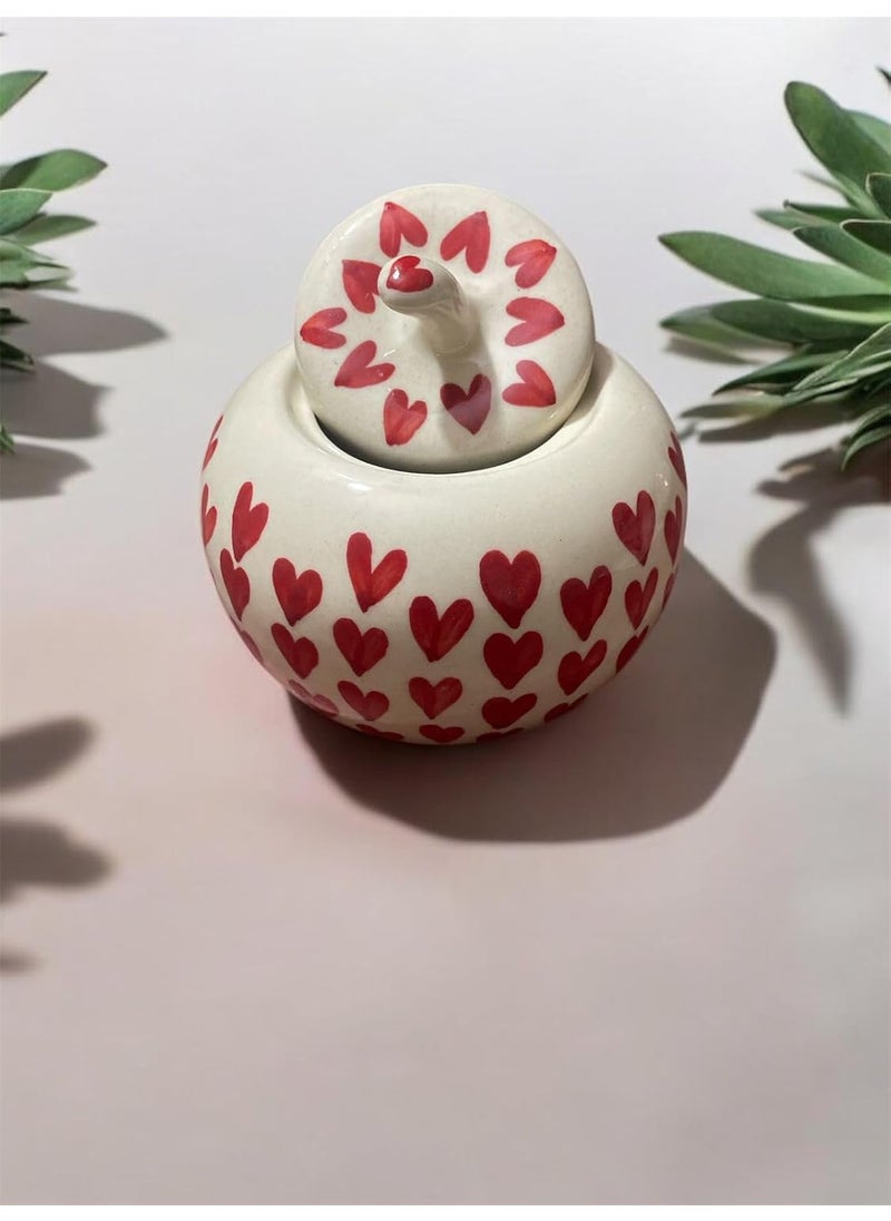 Old Edge Ceramics - Old Edge Ceramics Sugar Bowl with Red Hearts Pattern White Decorative Kitchen Container with Lid - Image 1