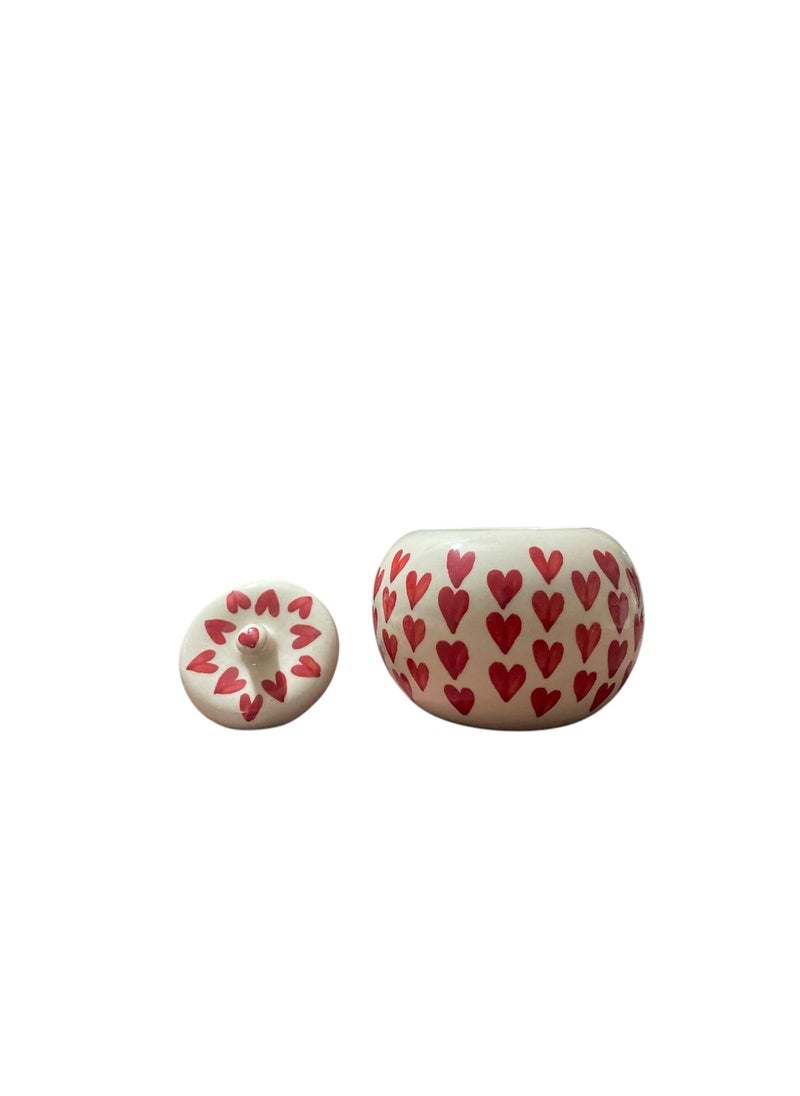 Old Edge Ceramics - Old Edge Ceramics Sugar Bowl with Red Hearts Pattern White Decorative Kitchen Container with Lid - Image 1