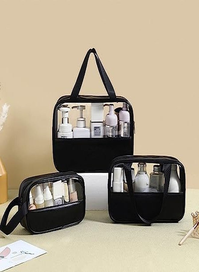 Salepush Transparent Cosmetic Bag Set Makeup Pouch Bag with Handle Clear Travel Toiletry Bag Leather Cosmetic Organizer for Women and Men (Combo, Black) - Image 2