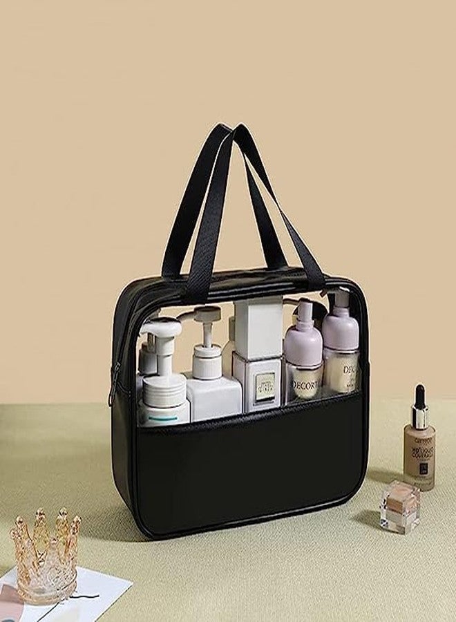 Salepush Transparent Cosmetic Bag Set Makeup Pouch Bag with Handle Clear Travel Toiletry Bag Leather Cosmetic Organizer for Women and Men (Combo, Black) - Image 5