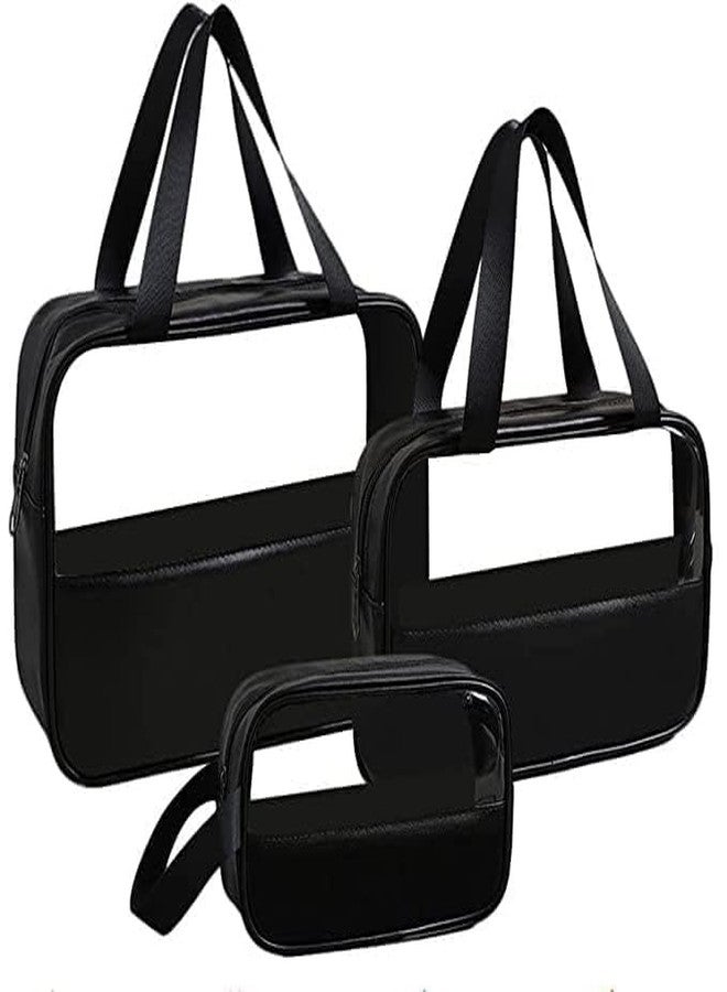 Salepush Transparent Cosmetic Bag Set Makeup Pouch Bag with Handle Clear Travel Toiletry Bag Leather Cosmetic Organizer for Women and Men (Combo, Black) - Image 1
