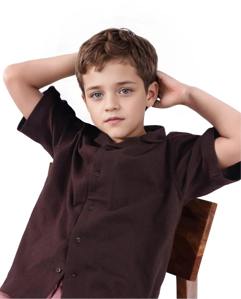 رير ونز Rare Ones Kids Veno-S Brown Cotton Half Sleeve Button Solid Regular Fit Shirt