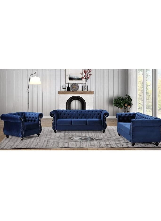 مهارة البحر - "مجموعة أرائك مخملية فاخرة من MAB FURNISHINGS - 3 مقاعد، 2 مقعد، ومقعد واحد لغرفة المعيشة، الممرات، المكاتب، وغرفة النوم (أزرق) - Image 1