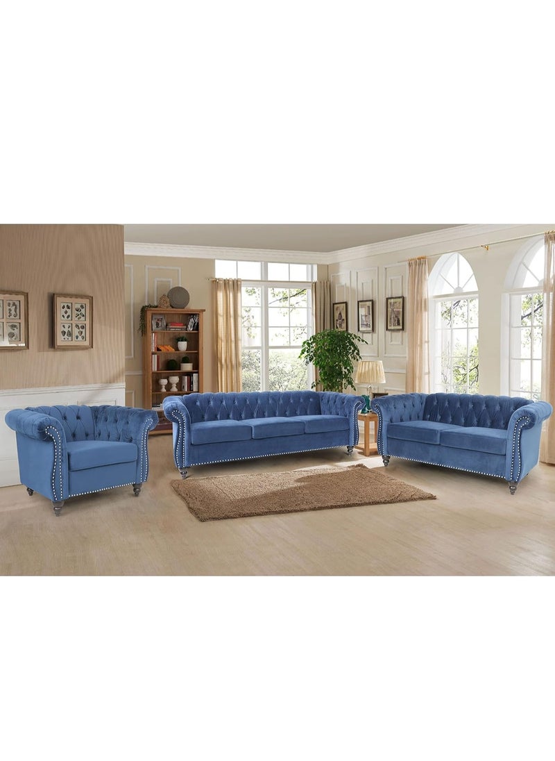 مهارة البحر - "مجموعة أرائك مخملية فاخرة من MAB FURNISHINGS - 3 مقاعد، 2 مقعد، ومقعد واحد لغرفة المعيشة، الممرات، المكاتب، وغرفة النوم (أزرق) - Image 1