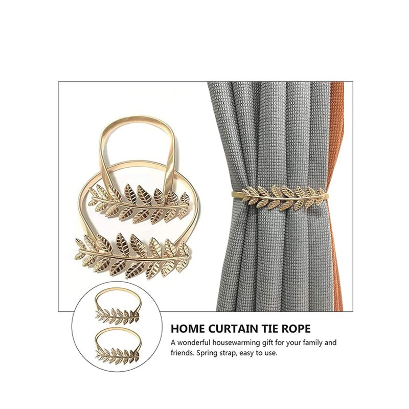 SOLARAE 2 Pcs Curtain Tieback Aluminum Leaf Shaped Curtain Holdback Simple Modern Curtain Buckle Elastic Curtain Strap Decorative Drape Tie Back for Window Draperies Golden - Image 3