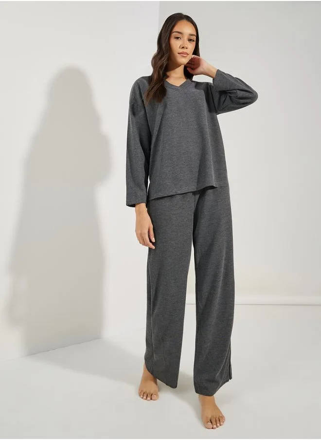 Styli Oversized Waffle Knit Top & Wide Leg Lounge Set
