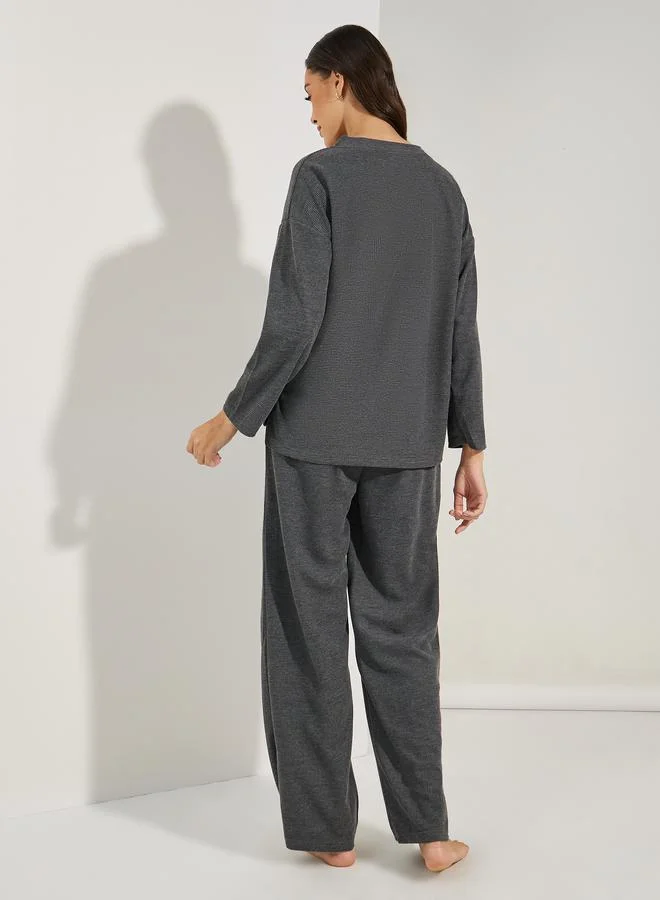 Styli Oversized Waffle Knit Top & Wide Leg Lounge Set