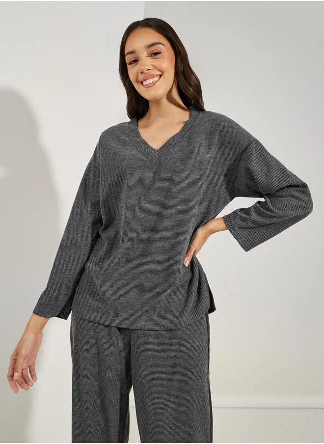 Styli Oversized Waffle Knit Top & Wide Leg Lounge Set