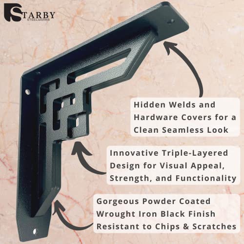 STARBY Heavy Duty Shelf Brackets (2 Pack) - Designer Metal Corbels for Mantels, Countertops and Decorative Shelving - 500# Capacity - Wrought Iron Black - 2 Pack (12" x 12" x 2") - Image 4