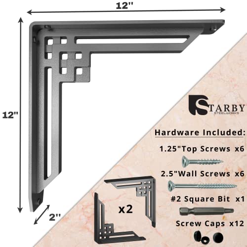 STARBY Heavy Duty Shelf Brackets (2 Pack) - Designer Metal Corbels for Mantels, Countertops and Decorative Shelving - 500# Capacity - Wrought Iron Black - 2 Pack (12" x 12" x 2") - Image 3