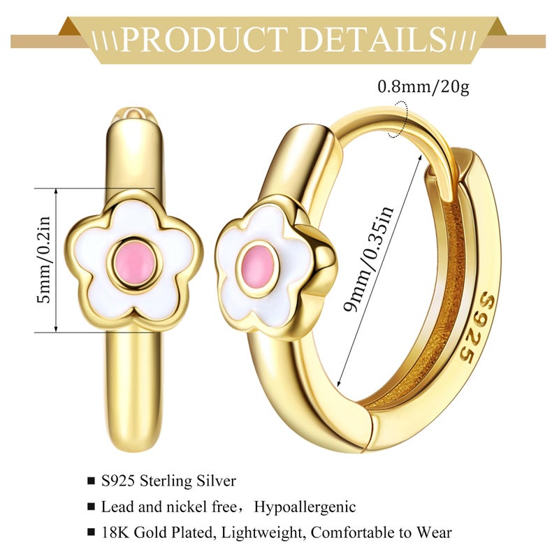 MILACOLATO 925 Sterling Silver Small Hoop Earrings Toddler 18K Gold Plated Daisy Earrings Pink FLower Huggie Hoop Earrings for Women Hypoallergenic Earrings for Sensitive Ears - Image 2