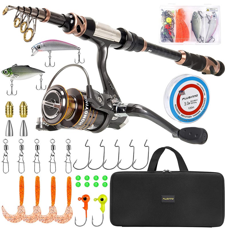 PLUSINNO Fishing Rod and Reel Combos 24 Ton Carbon Fiber Telescopic Fishing Pole Spinning Reel 12 1 Shielded Bearings Stainless Steel BBFree Carrier Bag Case Travel Saltwater Freshwater Fishing