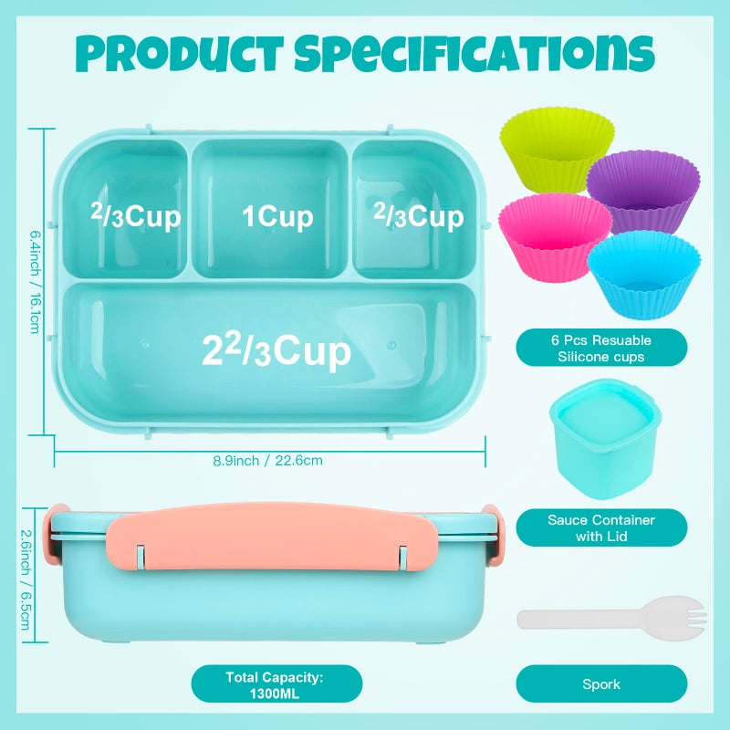 MaMix Bento Lunch Box Adult  Bento Box for Kids  Lunch Containers for Adults/Kids/Students 1300ML-4 Compartment Lunch Box Kids (Pastel blue) - Image 2