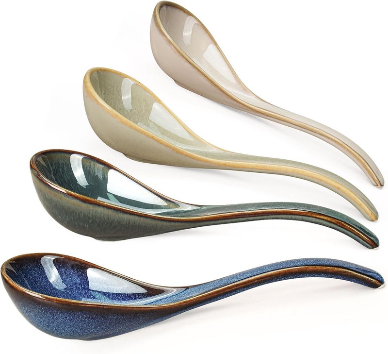 Artena Chinese Soup Spoons, Ceramic Asian Spoons with Deep Arc Anti-Roll Design, 6.85 Inch Set of 4, Perfect for Ramen, Pho, Wonton Soup as Japanese Soup Spoon, Korean Spoon (Earth Tones) - Image 1