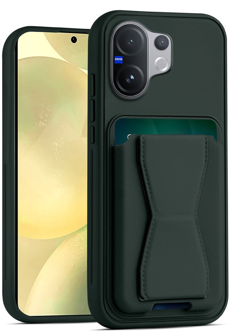 Leather back cover with card wallet Foldable Shockpoof Case compatible with Vivo V60 (Green)
