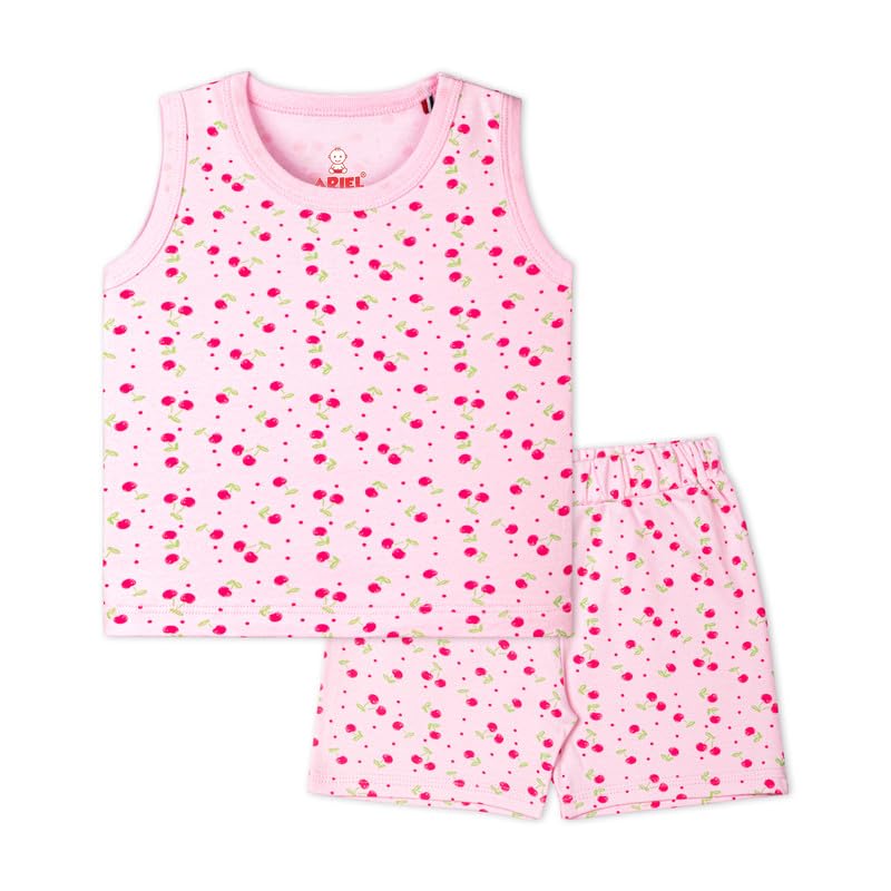 ARIEL Printed Cotton Vest with Shorts for Baby Boys and Girls | Infant Kids Casual Summer short Clothing Set (Pink Cherry_0 Months -3 Months) - Image 1
