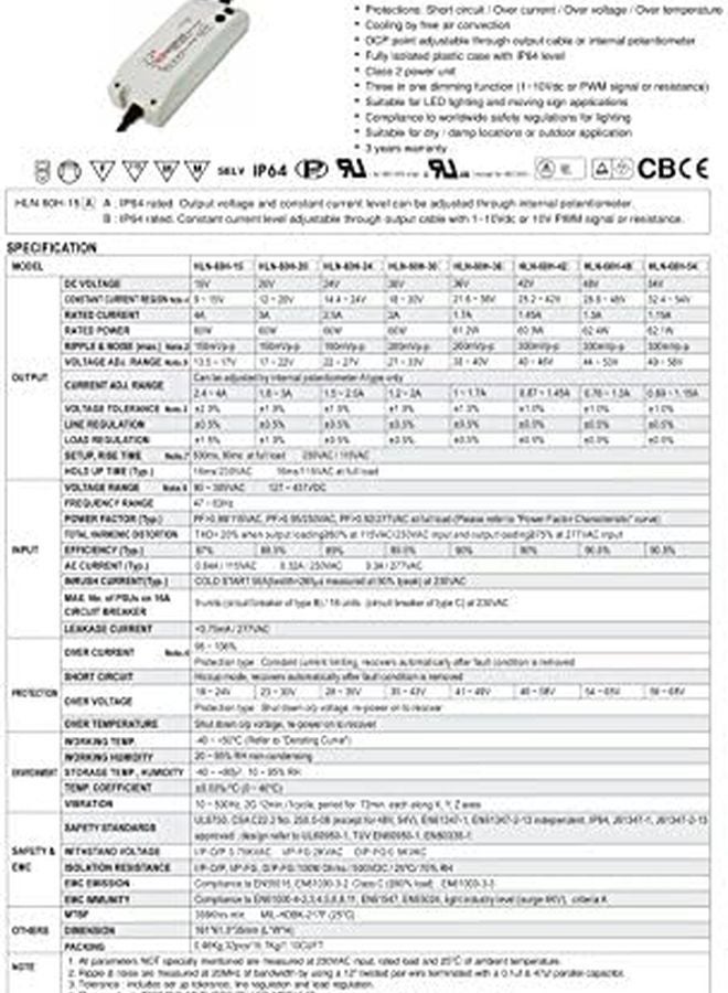 Mean Well HLN 60H 48A 48V 1 3A 62 4W Single Output LED Power Supply with PFC - Image 3