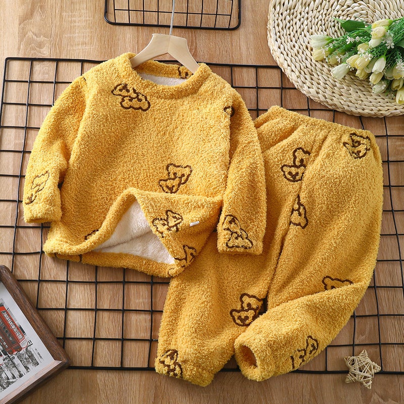 Baby Plush Warm Home Outfit Set Cartoon Pajamas YDR02-cloud yellow bear 