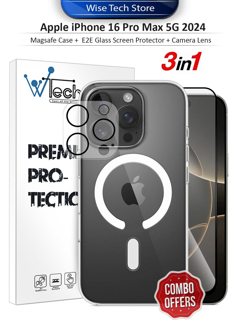 دبليو تيك حزمة حماية 3 في 1 لهاتف آيفون 16 برو ماكس 5G 2024 من آبل، غطاء شفاف مقاوم للصدمات مع ميزة ماجسيف، واقي شاشة زجاجي كامل، وواقي عدسة الكاميرا بحماية 360 درجة، سهل التركيب - شفاف/أسود - Image 1